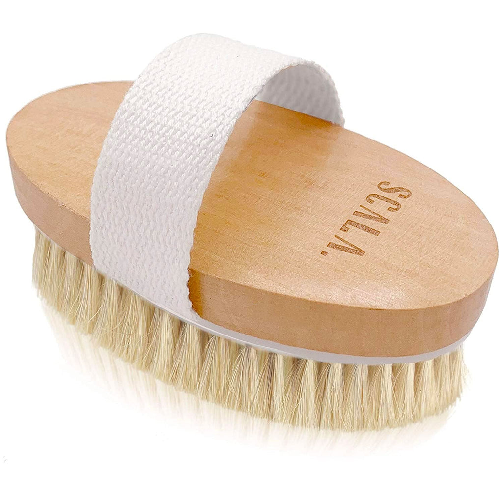 Dry Brushing Body Brush SCALA Natural Bristle Body Brush, Soft Body Exfoliating Brush Scrub for Dead Skin, Cellulite, Lymphatic Drainage, Blood Flow – Thicker & Stronger Medium Strength E. Wooden