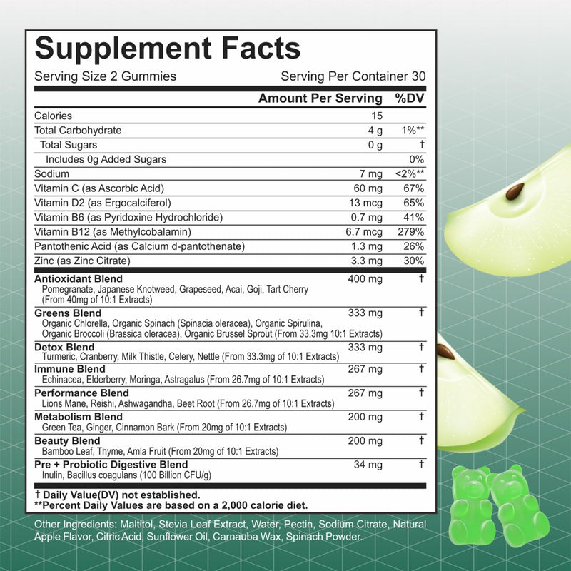 Super Green Gummies no creatine | 60 Vegan Multivitamin Gummies | Blend of 8 Botanicals | with Vitamin B12, B3, B6, B5 & Folic Acid |