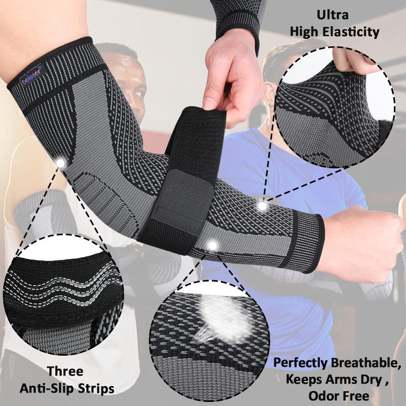 [Australia] - beister Compression Arm Sleeves with Elastic Strap for Men & Women (Pairs), Elbow Braces, 20-30 mmhg Non-Slip Breathable Thick Full Arm Supports for Tennis Elbow, Workouts, Arthritis,Lymphedema,DVT Black L 