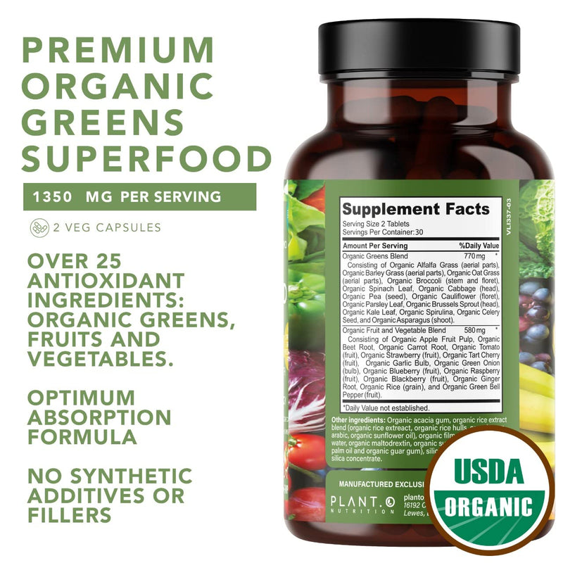[Australia] - Plant.O Organic Super Greens [Fruit & Veggie Supplement] High Absorption Antioxidants from Green Powder with Alfalfa, Beet Root, Tart Cherry for Immune Support, Gut Health, Energy, 60 Veggie Tablets 60 Count (Pack of 1) 
