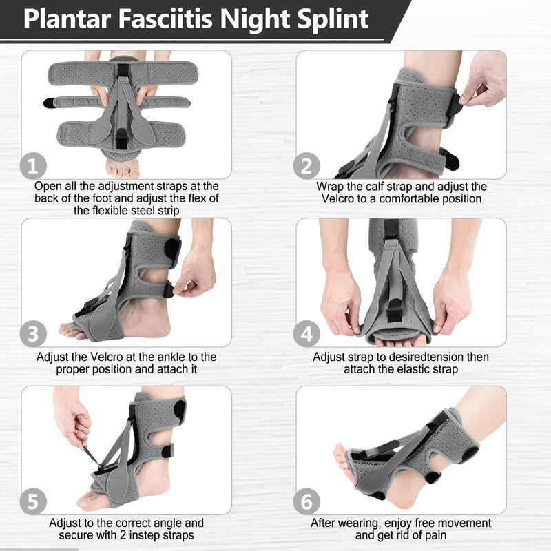 Plantar Fasciitis Night Splint, Plantar Fasciitis Relief Brace, 3 Adjustable Straps Relief Brace for Foot Drop, Achilles Tendonitis & Heel Pain - Day & Night Support (Elephant Grey) One Size Elephant Grey 1