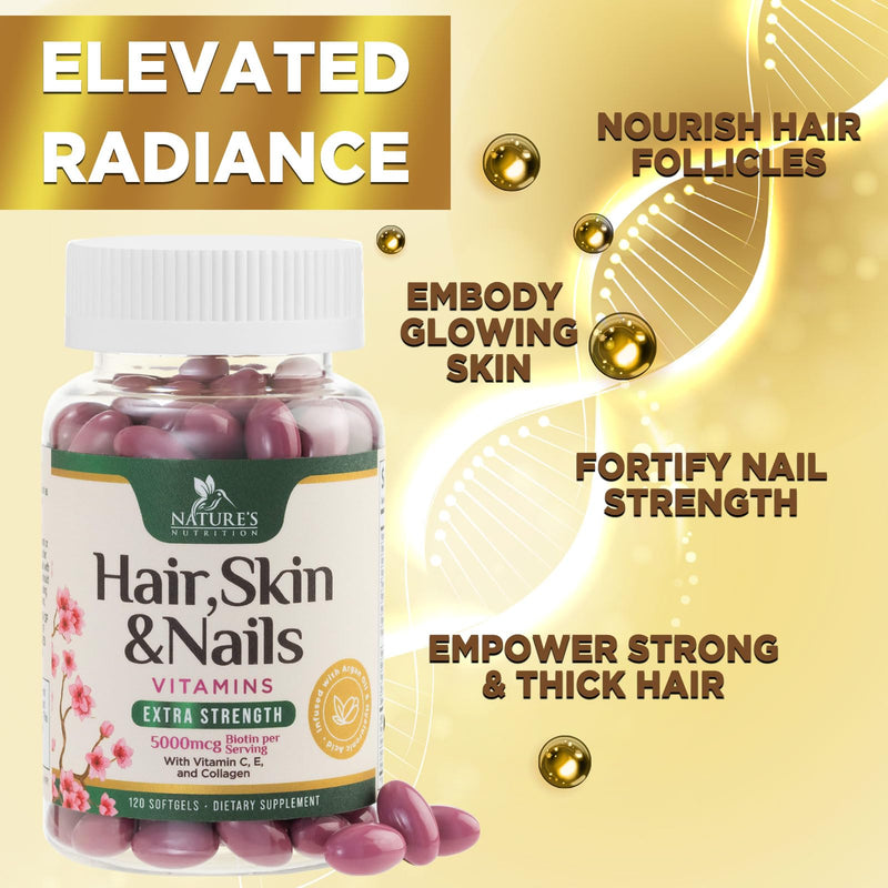 Hair Skin and Nails Vitamins for Hair Growth - Biotin 5000mcg Per Serving - Extra Strength Collagen, Argan Oil & Hyaluronic Acid - Best Beauty Supplement for Women & Men - USA Bottled - 120 Softgels 120 Count (Pack of 1)