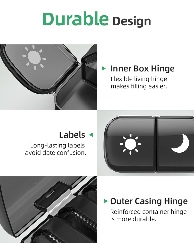 [Australia] - PULIV Extra Large Weekly Pill Organizer 2 Times a Day, One-Side Open Pill Box 7 Day for Easy Filling, Black Privacy Protection AM PM Pill Case for Vitamins, Medication, Supplements, Fish Oils Black 