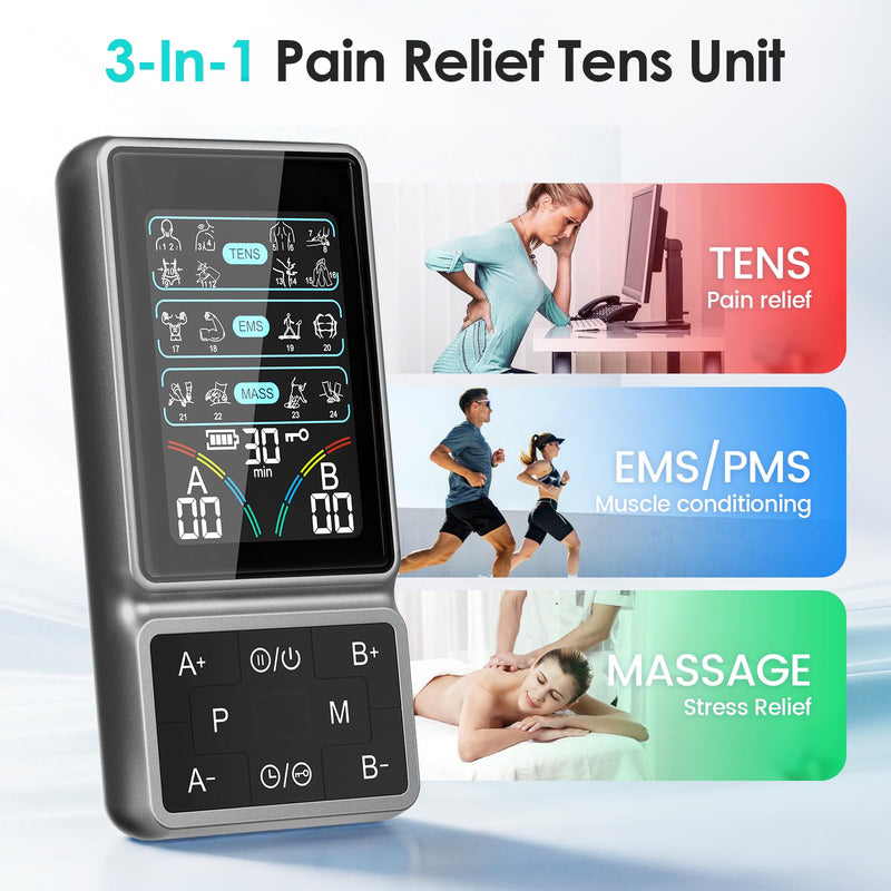 TENS Unit Muscle Stimulator with HD Color Screen, 3-in-1 TENS EMS Machine for Pain Relief & Muscle Recovery, 24 Modes Pulse Massager for Sciatica, Back, Hip, Neck, Shoulder and Elbow Pain
