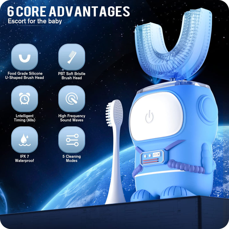[Australia] - RexCodar Ultrasonic Kid's U-Shaped Electric Toothbrush, IPX7 Waterproof, Five Cleaning Modes, 60S Smart Reminder (Blue Ages 6-12) Navy Blue 