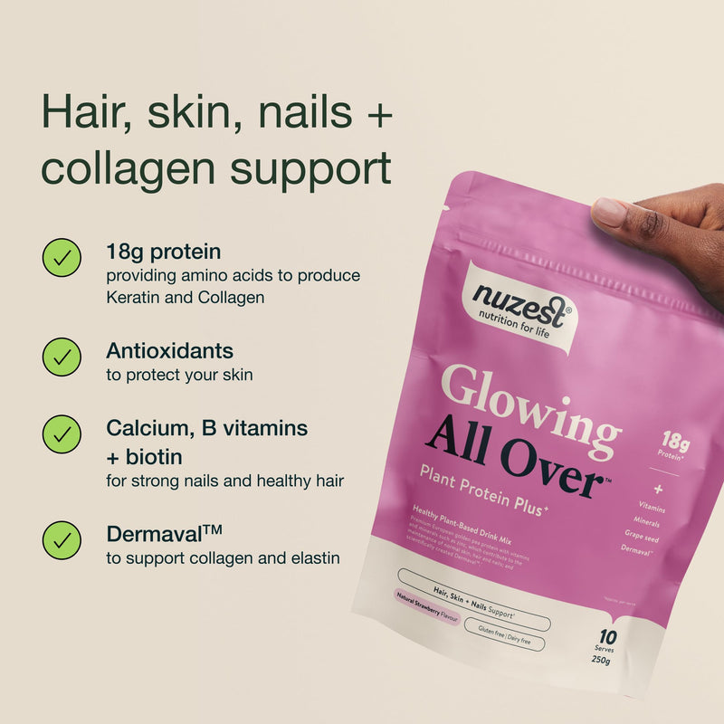 Nuzest Protein Plus | Glowing All Over | Strawberry | Support of Healthy Hair, Skin, Nails and Collagen Production | Vitamins and Minerals | 250g (10 Servings)