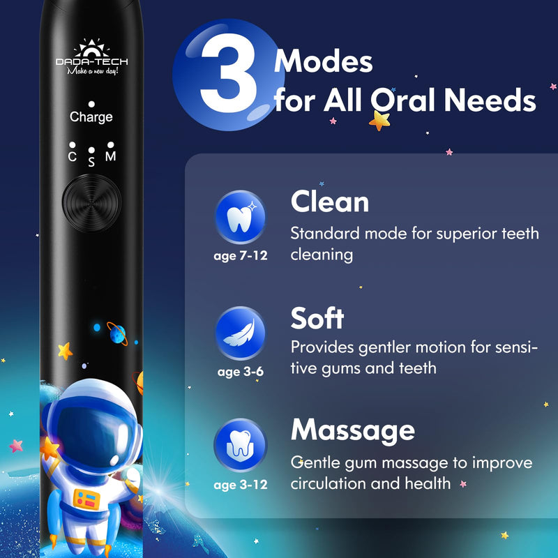 [Australia] - DADA-TECH Kids Electric Toothbrush Rechargeable, Soft Tooth Brush with Timer Powered by Sonic Technology for Children Boys and Girls Age 3+, Waterproof and 3 Modes (Astronaut Black) Astronaut (Black) 