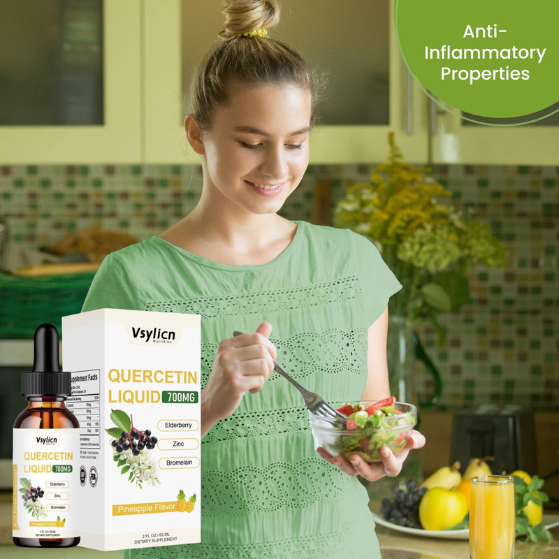 700mg Quercetin Liquid Drops - Quercetin Bromelain Supplements - 5 in 1 with Bromelain Elderberry Vitamin - 4X Stronger Than Pills & Capsules - Immunity Health Respiratory Health Skin Care - 60ml