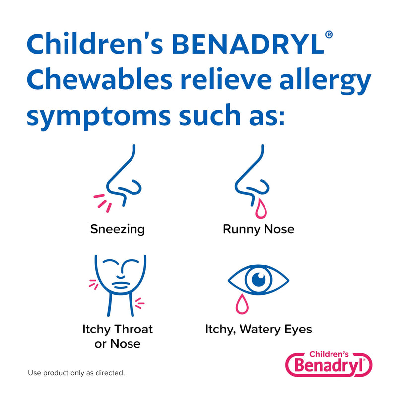 Benadryl Children's Allergy Chewables with Diphenhydramine HCl, Antihistamine Chewable Tablets for Relief of Allergy Symptoms Like Sneezing, Itchy Eyes, & More, Grape Flavor, 20 Count (Pack of 1)