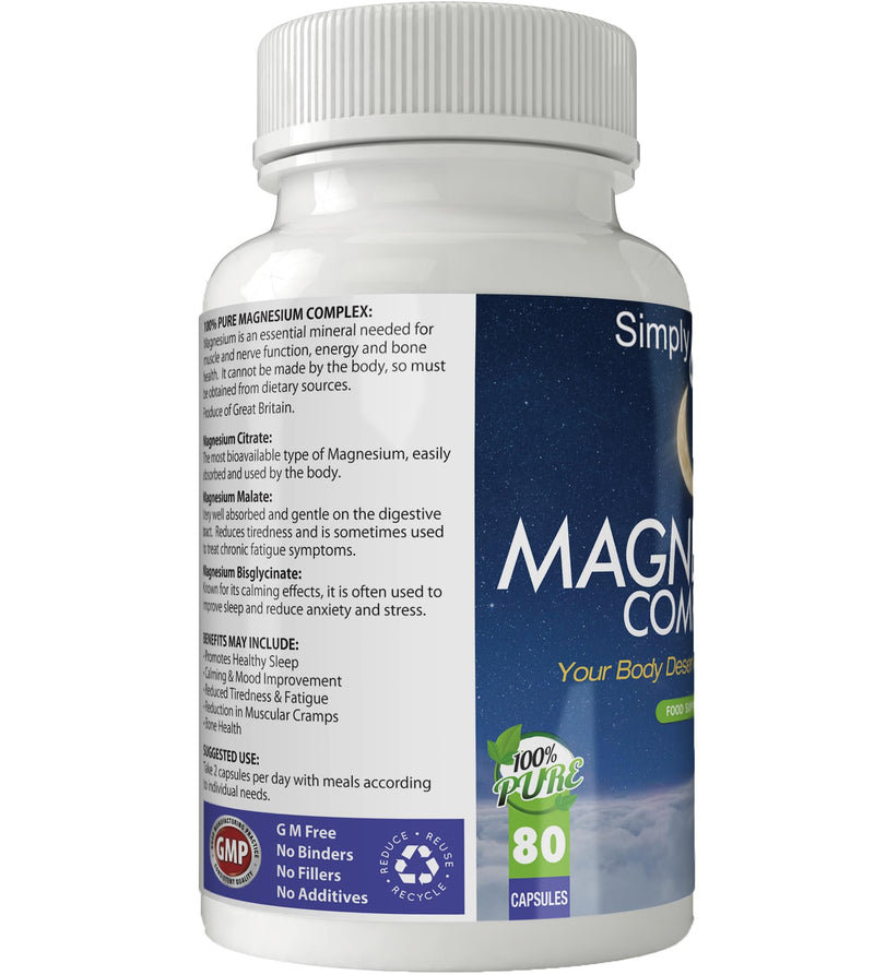 Magnesium Complex for Restful Sleep | 900mg Capsules x 80 | 100% Pure Magnesium | Gluten Free | GM Free | Vegan