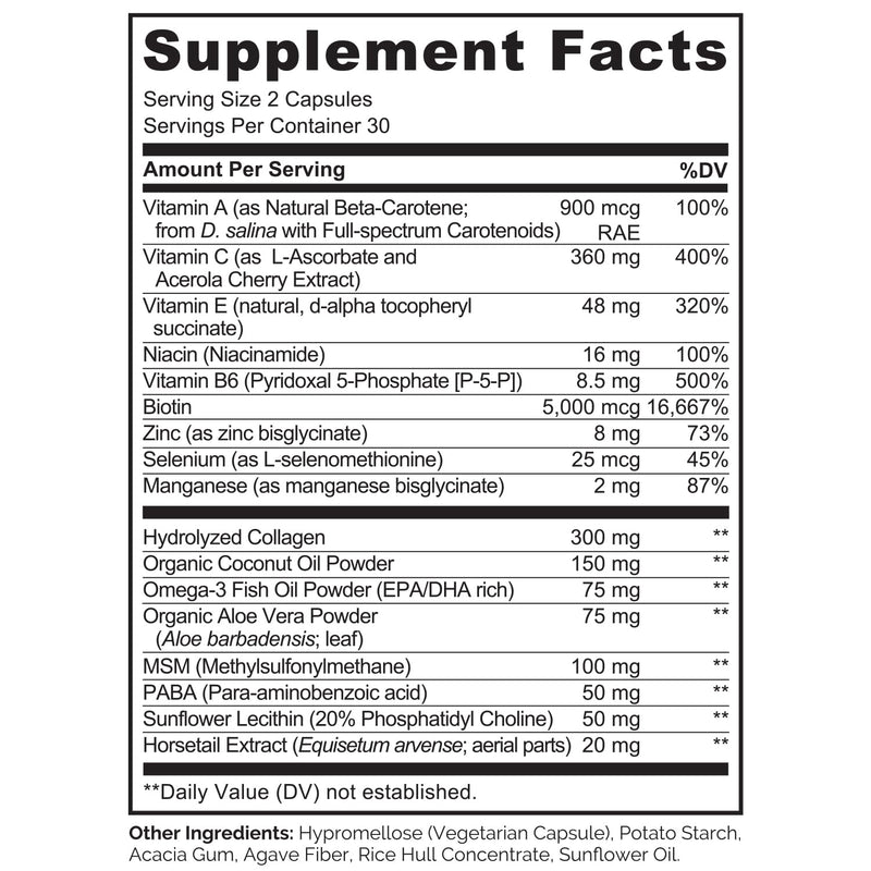 NATURELO Hair, Skin and Nails Vitamins - Biotin, Collagen - 60 Capsules | 5000 mcg, natural vitamin E, healthy skin, hair growth supplement for women and men Unflavored 60 Count (Pack of 1)
