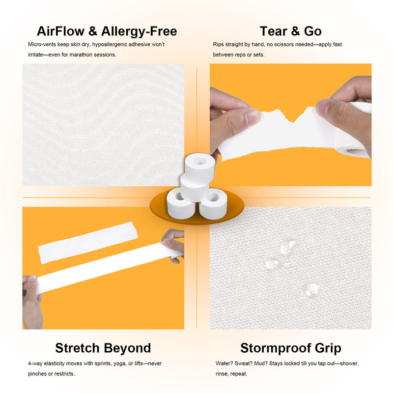 [Australia] - Athletic Tape, White Cotton Elastic Sports Tape, Very Strong Easy Tear No Sticky Residue Tape for Ankle, Wrist, and Injury Taping, Suitable for Climbing, Basketball（1.5in*10yd） (White, 6 Pack) 