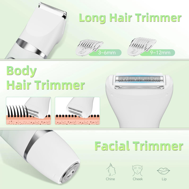 Bikini Trimmer for Women, 3-in-1 Painless Electric Razors for Silk Skin, Wet/Dry Body Hair Shaver for Face Nose Eyebrow Arms Armpit Legs Pubic Area, IPX7 Waterproof, Ceramic Blade
