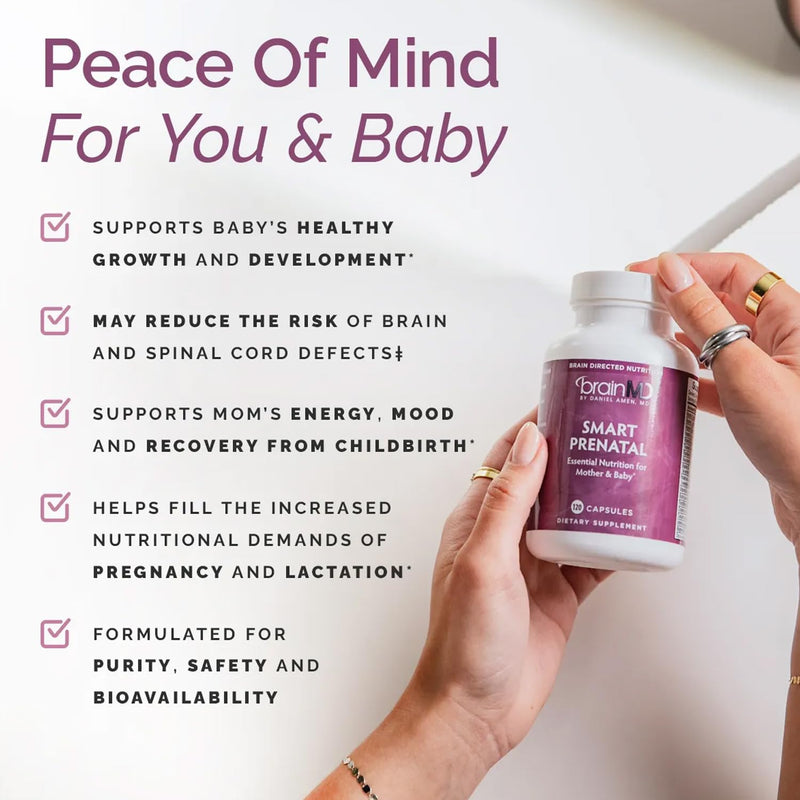 BrainMD Smart Prenatal Multivitamin, 120 Capsules, 30 Servings | Daily dietary supplement for mom and baby, gluten free formula with nutrients for growth and development support