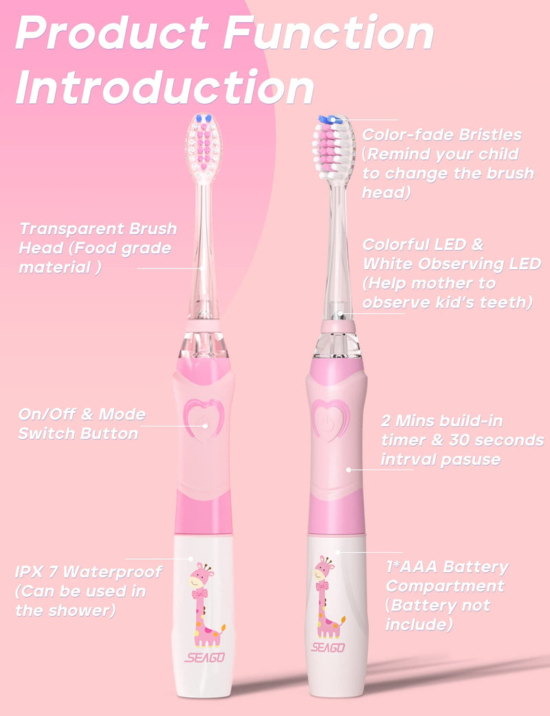 [Australia] - SEAGO Kids Electric Toothbrush with 2 Mins Brushing Timer and 4 Replacement Bursh Heads,Rainbow LED Light make Brushing Fun, Pink Color Girls Battery Powerd Toothbrush for 4-12 Years Old 