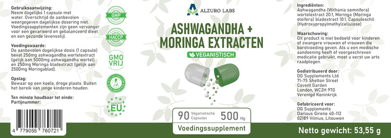 Ashwagandha & Moringa 7,500mg Equivalent | High Strength 20:1 & 10:1 Extracts | 500mg Daily | 90 Vegan Capsules | Calm, Energy & Everyday Wellbeing | GMP & 3rd Party Lab Tested