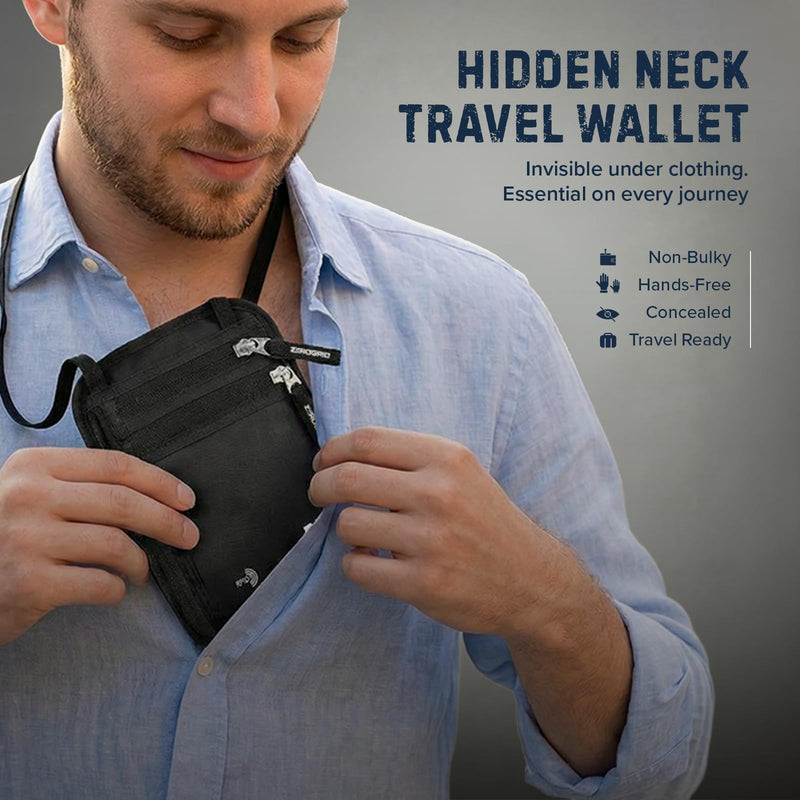 Neck Wallet Pack of 2 (Dark Grey & Midnight Black), RFID Blocking Passport Neck Wallets with Multiple Pockets, Slim Concealable Nylon Travel Pouches for Phone, Cash, Cards and Keys