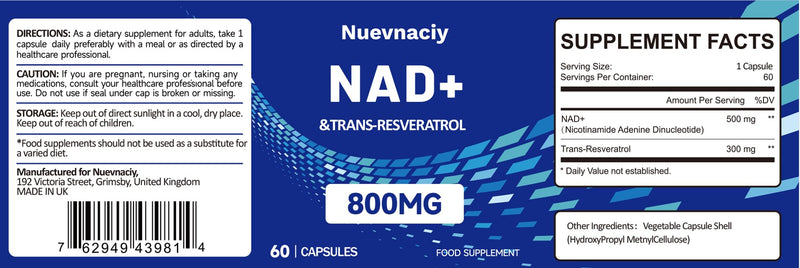 NAD+ Trans-Resveratrol Supplement, 800mg