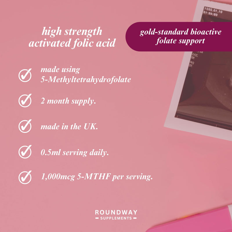 Methylfolate Folic Acid 1000mcg Drops as 5-Methyltetrahydrofolate | 5-MTHF Vitamin B9 Supplement for Pregnancy | 30ml, 60 Servings, 2 Month Supply | Made in The UK by Roundway Supplements