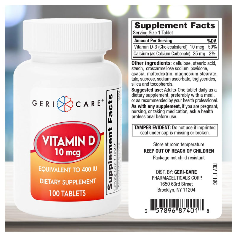 GeriCare Vitamin D-3 (10 mcg 400 IU) & Calcium (25 Mg) Dietary Supplement Tablets – Essential Bone Health, Muscle Function & Immune Support – 100 Count (Pack of 1) 100 Count (Pack of 1) Vitamin D 10mcg