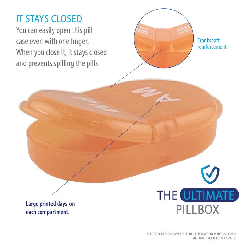 Deke Home - Pill Organizer AM PM, 2 Compartment Pill Box for Pocket or Purse, Small Daily Medicine Case, Travel Pill Holder, Easy Open Pill Container for Seniors, Vitamins & Supplements (Orang) Orange