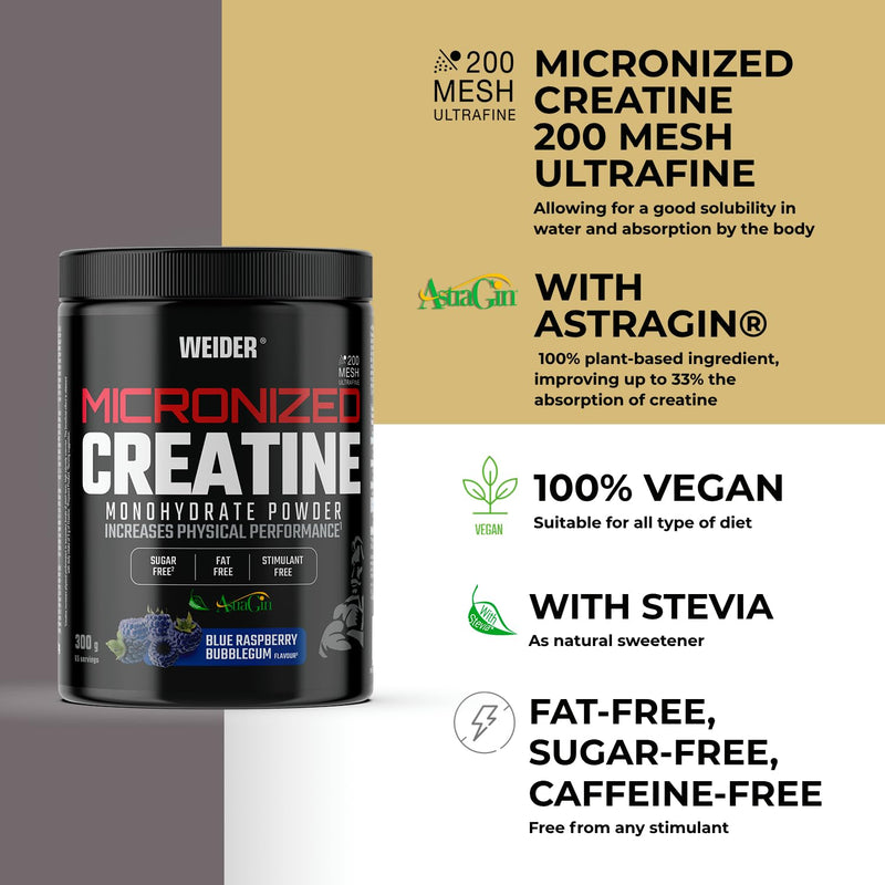 Weider Micronized Creatine Monohydrate Powder (300g) Blue Raspberry Bubble Gum Flavour. Creatine Monohydrate 200 Mesh Ultrafine with AstraGin, with Stevia, Vegan, Increases Physical Performance