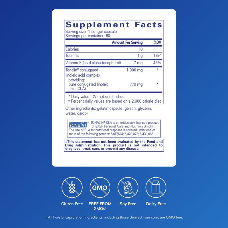 [Australia] - Pure Encapsulations CLA (Conjugated Linoleic Acid) 1,000 mg | Promotes Healthy Body Composition with Exercise* | 60 Softgel Capsules 60 Count (Pack of 1) 