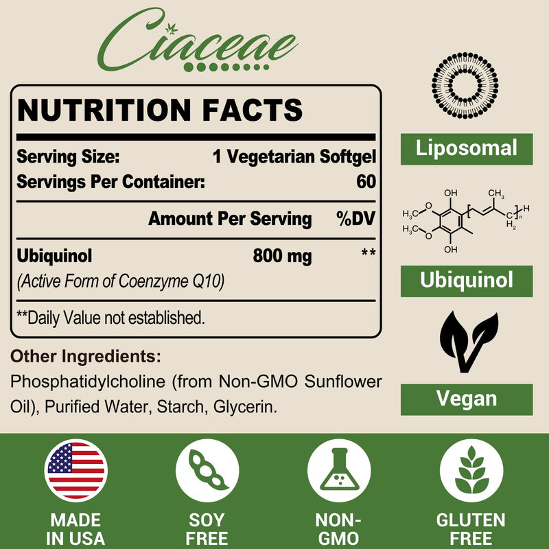 [Australia] - Liposomal CoQ10 800mg Ubiquinol Softgel, Max Absorption Ubiquinol Coenzyme Q10, Ubiquinol CoQ10 Supplement for Antioxidant, Heart Function & Energy Production, Pure CoQ10 800mg, 120 Vegan Softgels 60 Count (Pack of 2) 