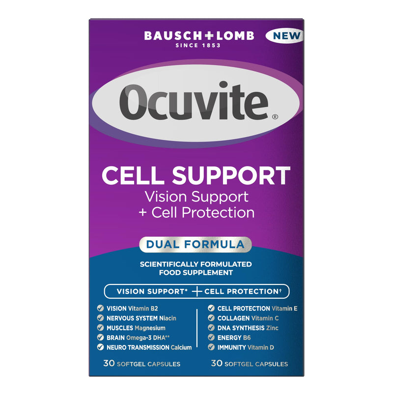 Ocuvite Cell Support Eye Supplement - Supports the Visual System & Cell Protection by Bausch + Lomb – Lutein and Zeaxanthin Supplement with Omega 3 DHA, Vitamin E and Zinc, 2 Capsules Per Day