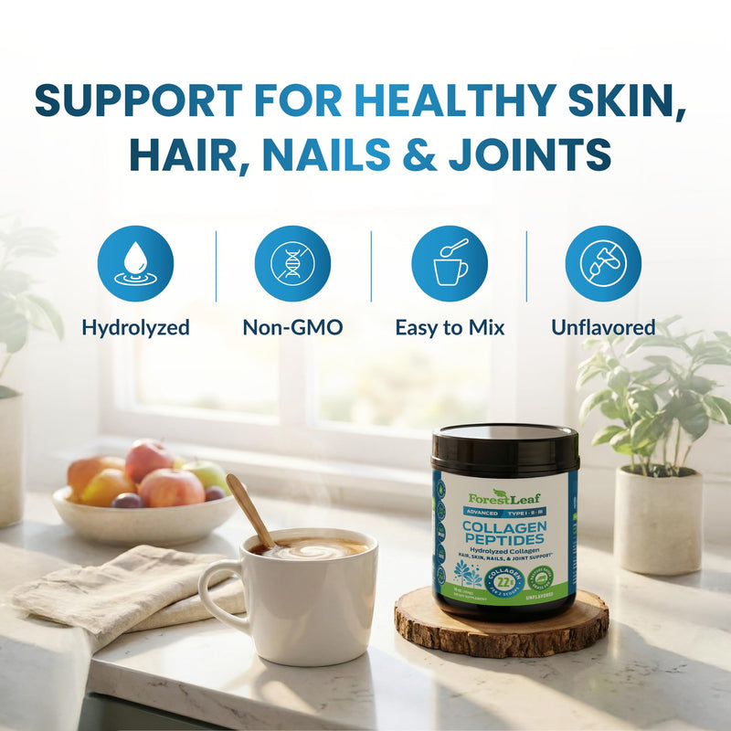 ForestLeaf Collagen Peptides Powder Unflavored - Hydrolyzed Grass Fed Keto Collagen Protein Powder Type 1, 2 & 3 - Vital Hair, Skin, Nails, Joints, Recovery, 11g Per Serving 1 Pound (Pack of 1)