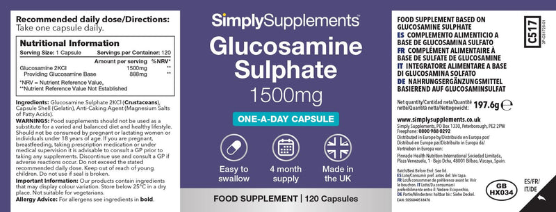 Glucosamine Sulphate 1500mg | Supports Natural Glucosamine Levels | High-Strength 2KCl Formula | One-a-Day Convenience | 120 Capsules = 4 Months' Supply | GMP-Certified & UK-Made Unflavoured 1 count (Pack of 120)