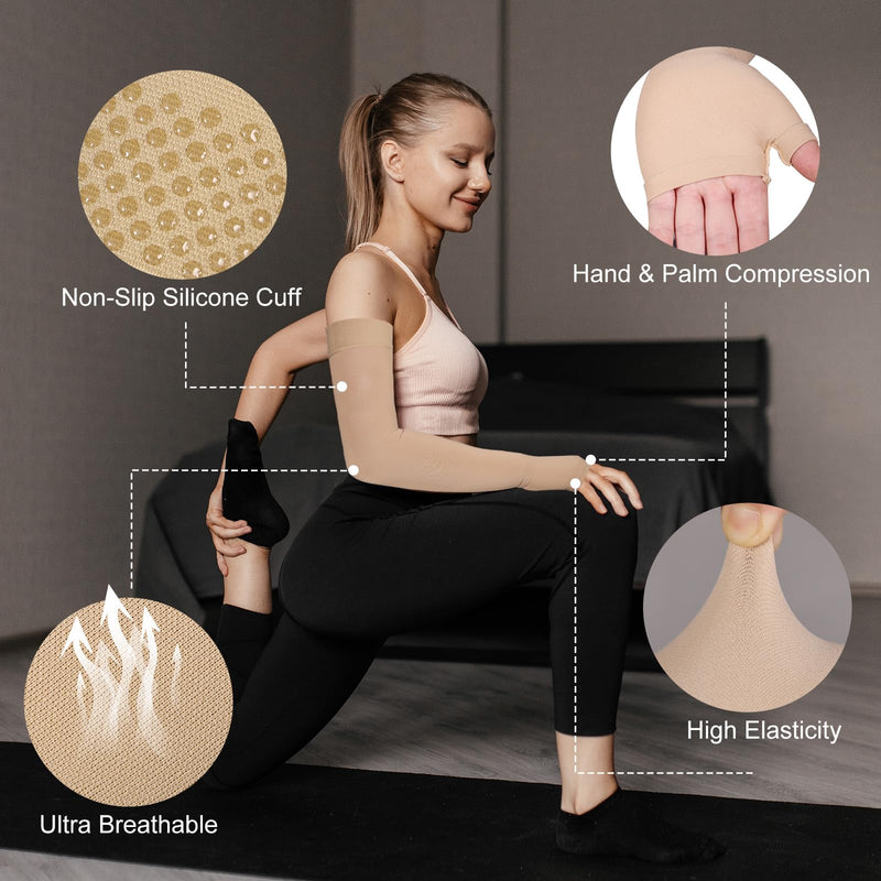 [Australia] - Lymphedema Medical Compression Arm Sleeve with Gauntlet, 20-30 mmHg Graduated Compression Full Arm Support for Women Men, Long Pressure Arm Hand Brace for Arthritis, Bursitis, Edema, Nerve Pain Beige (Single) Large 