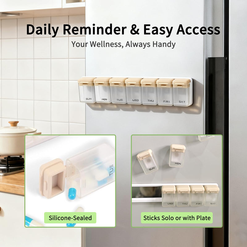 Weekly Pill Organizer 1 Time a Day Large Daily Magnetic Travel Pill Case | Large Week Once Daily Medication Dispenser Medicine Container Holder for Supplement Box 7 Day 1 Time a Day, Brown