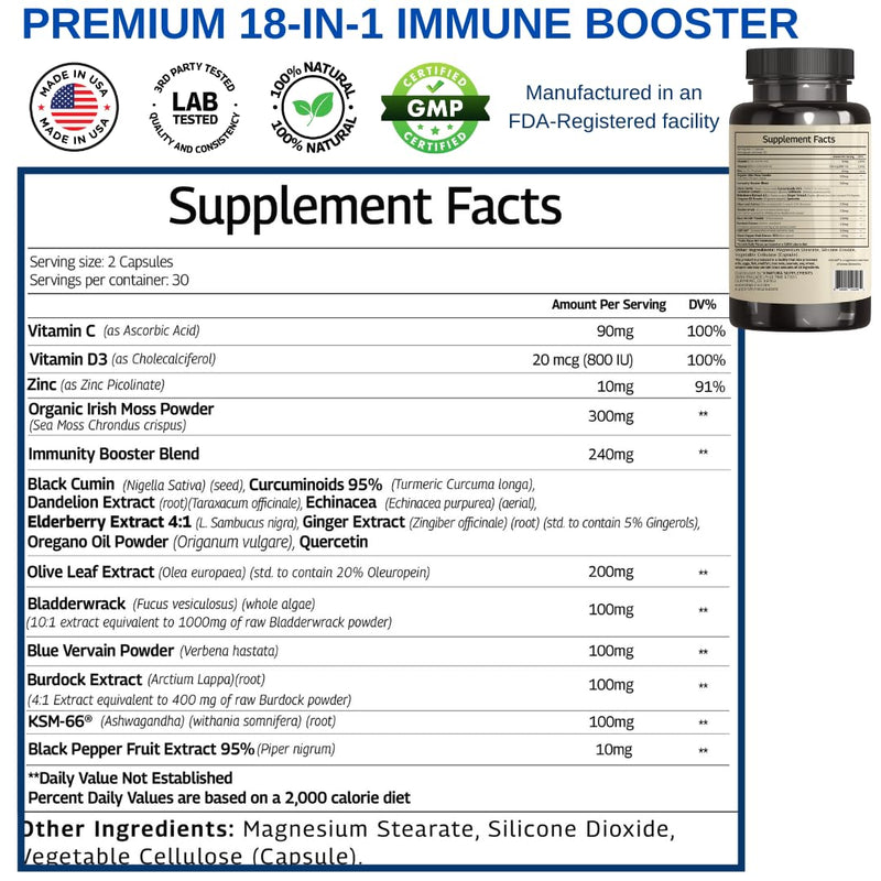 [Australia] - Organic Sea Moss, Blue Vervain - with Black Seed Oil, Ashwagandha, Ginger, Burdock Root Capsules - 1250mg per serving, USA Made &Tested* Immune Booster for Adults 