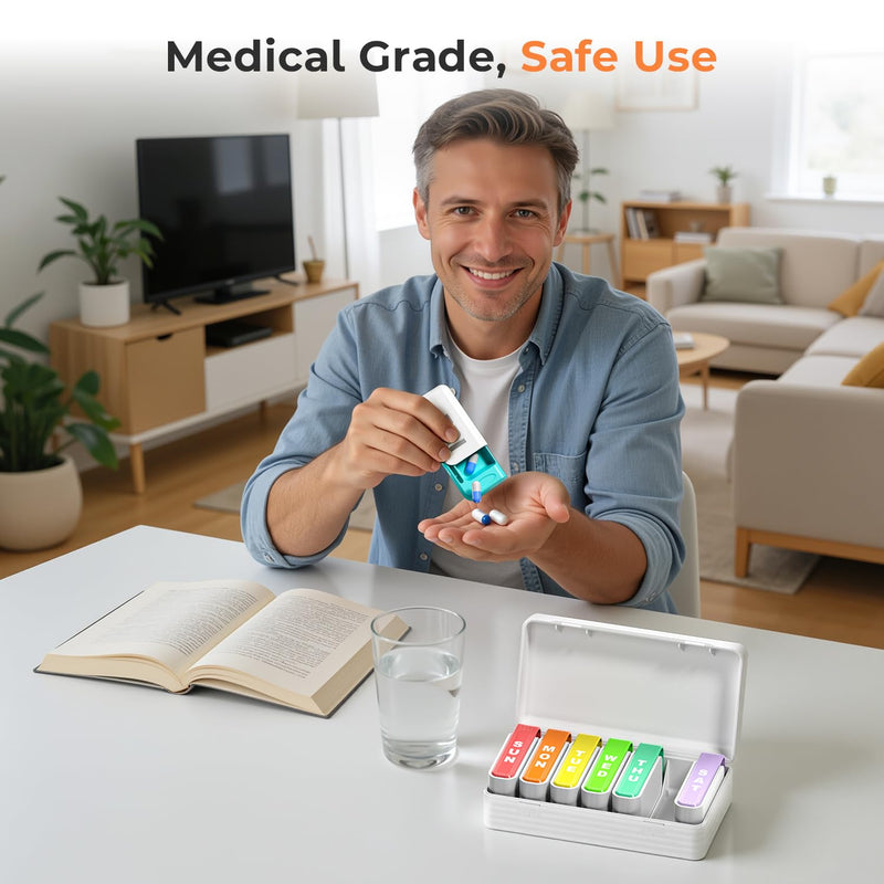 Betife Travel Pill Organizer, Weekly Pill Organizer for 1 Time a Day with Easy Sliding Drawers, Large Pill Box with Airtight Seals for Supplements and Vitamins, White