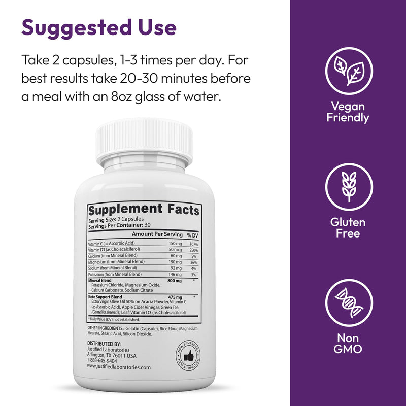 Justified Laboratories Lifestyle Keto - 60 Capsules - Ketogenic Support from Apple Cider Vinegar, Green Tea Leaf, Vitamin C, Vitamin D3 & Extra Virgin Olive Oil - 30 Servings 60 Count (Pack of 1)