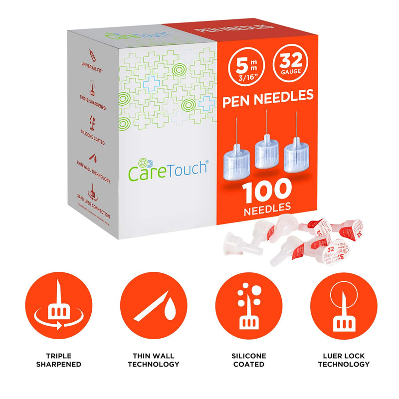 [Australia] - Care Touch Pen Needle 32 Gauge, 0.2"-5mm - Set of 100 Diabetic Fine Needles - Triple Sharpened, Silicone Coated Bevel, Thin Wall Technology, & Secure Attachment - Compatible with Most Insulin Pens 
