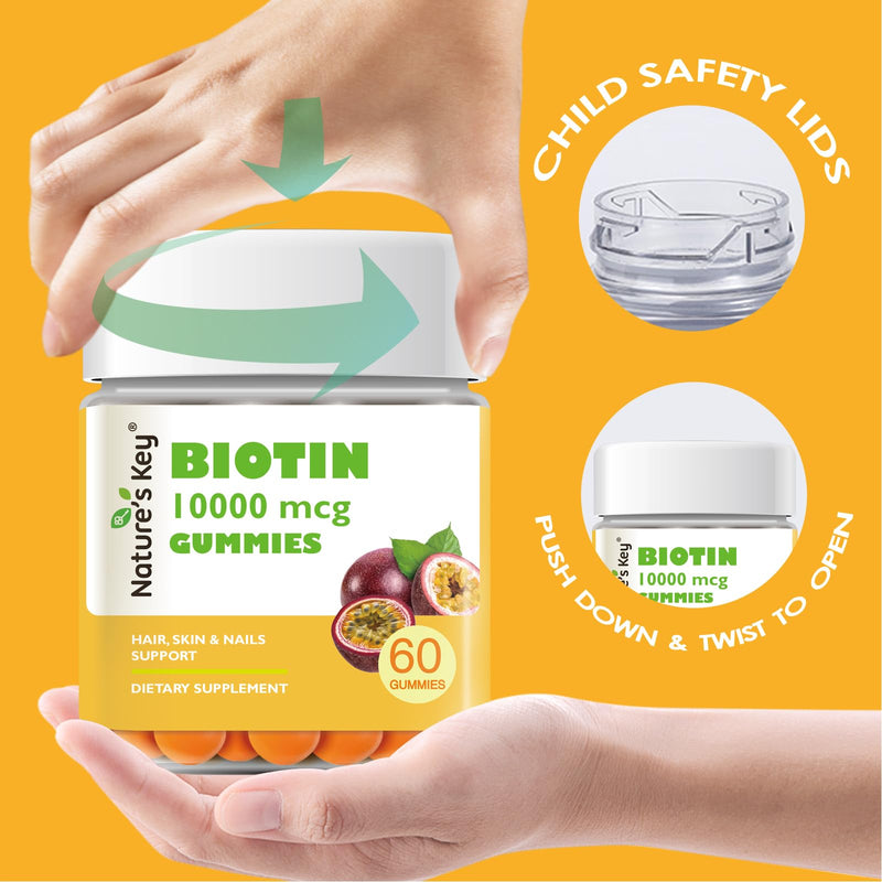 Nature's Key Biotin Gummies 10000mcg - Hair Growth & Nail Strength Supplement, Vegan, |Vitamins A B C D E|Folic Acid|Zinic for Women & Men Supports Healthy Hair Growth Supplement，60cts|30 Days