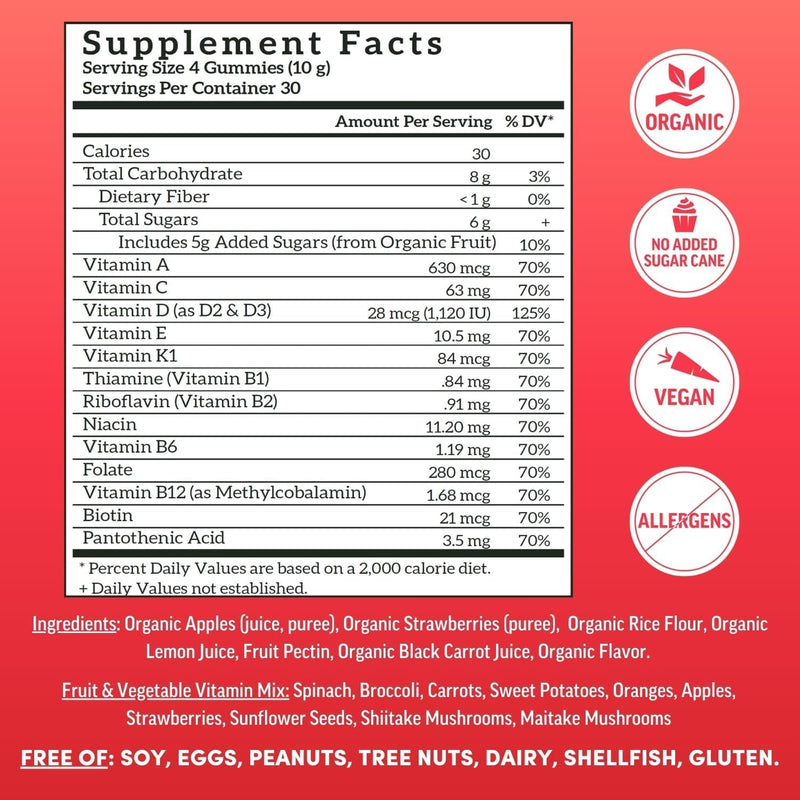 Llama Naturals Multivitamin for Women & Men, Vegan, Organic Gummies with Vitamin D, C & K, Adults Real Fruit Gummy Vitamins, Cherry and Strawberry, 120 Ct