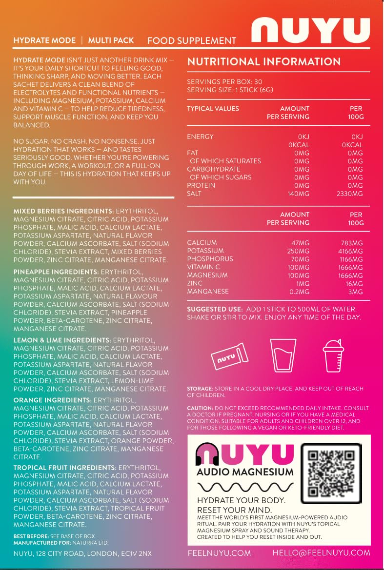 NUYU Hydrate Mode Electrolyte Powder | Mixed Pack 30 Sachets | Zero Sugar Hydration Drink with Vitamin C Magnesium Zinc | Daily Energy Hydration Vegan UK Made