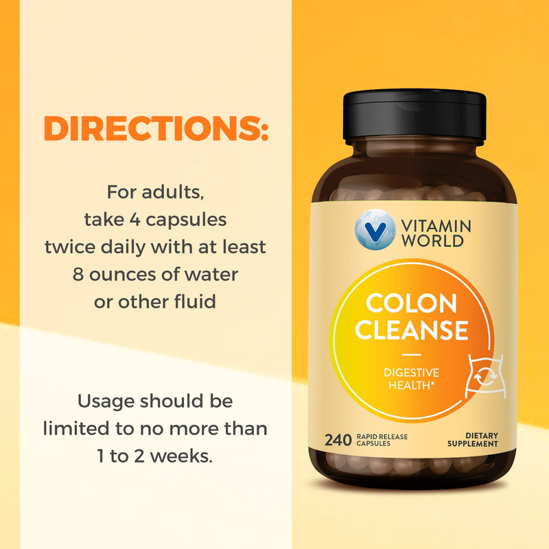 Vitamin World Colon Cleanse & Detox, 240 Capsules | With Psyllium Husk, Senna, Probiotics, Dietary Fiber & Herbal Blend – Supports Gut Health & Constipation Relief, Gluten-Free
