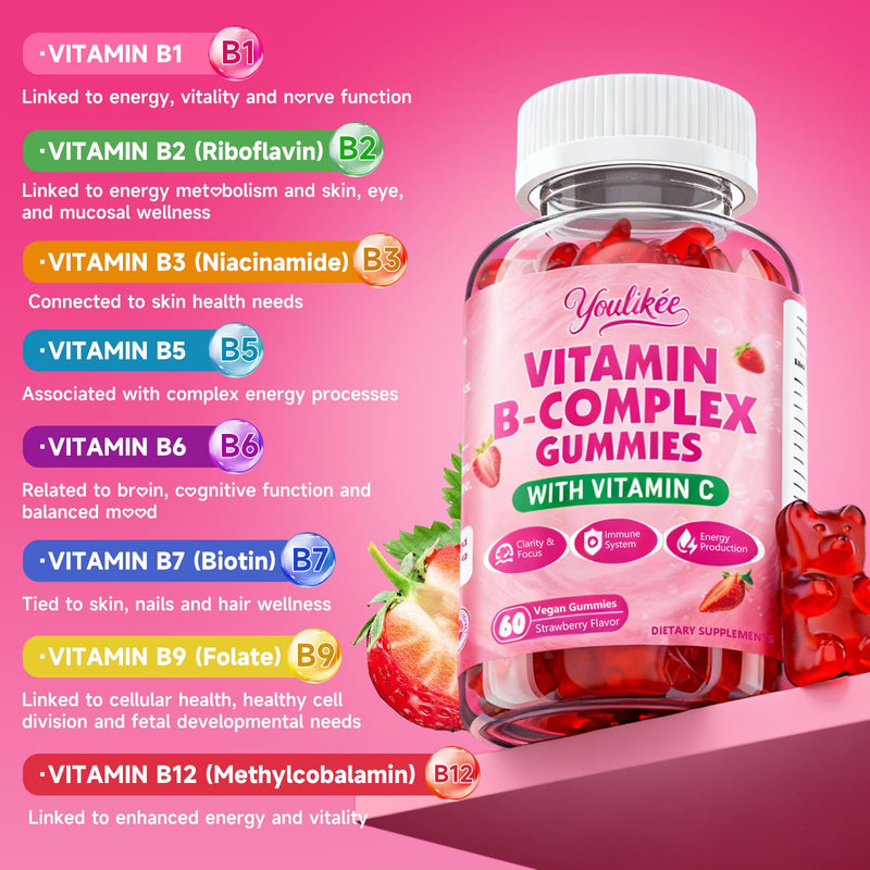 2 Pack Vitamin B-Complex Gummies for Women & Men, 120 Ct | Methyl B12, B1, B2, B3, B5, B6, B7 & B9 - Vitamin B Complex with Vitamin C for Energy & Immune Support, Strawberry Flavor 60 Count (Pack of 2)