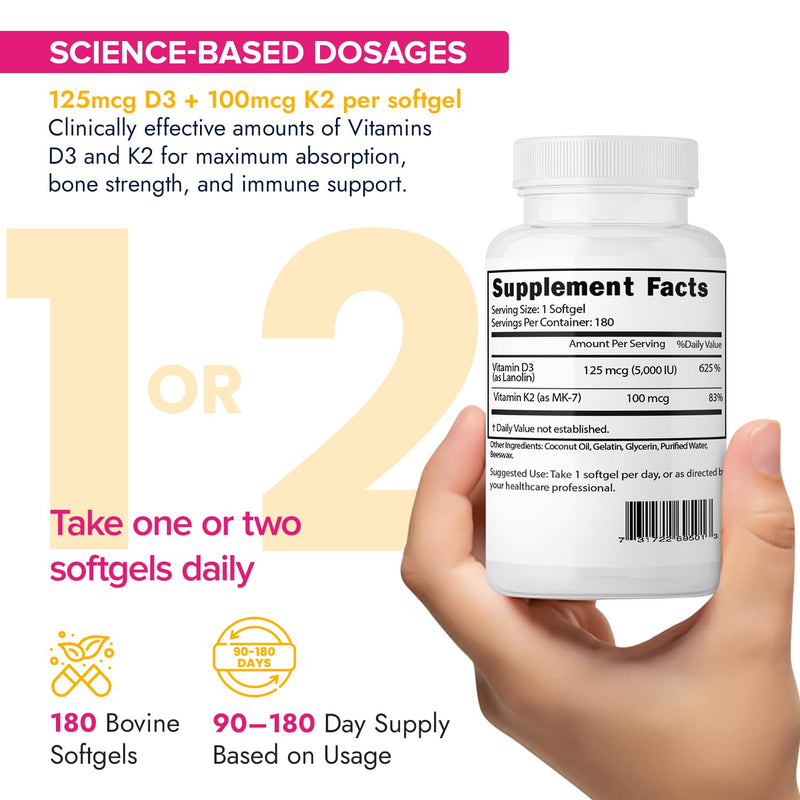 Jinfiniti Vitamin D3 + K2 Supplement, 5000 IU D3 and 100 mcg K2, with Coconut Oil, 180 Veggie Softgels, Supports Bone Heart and Immune Health, 3-6 Month Supply