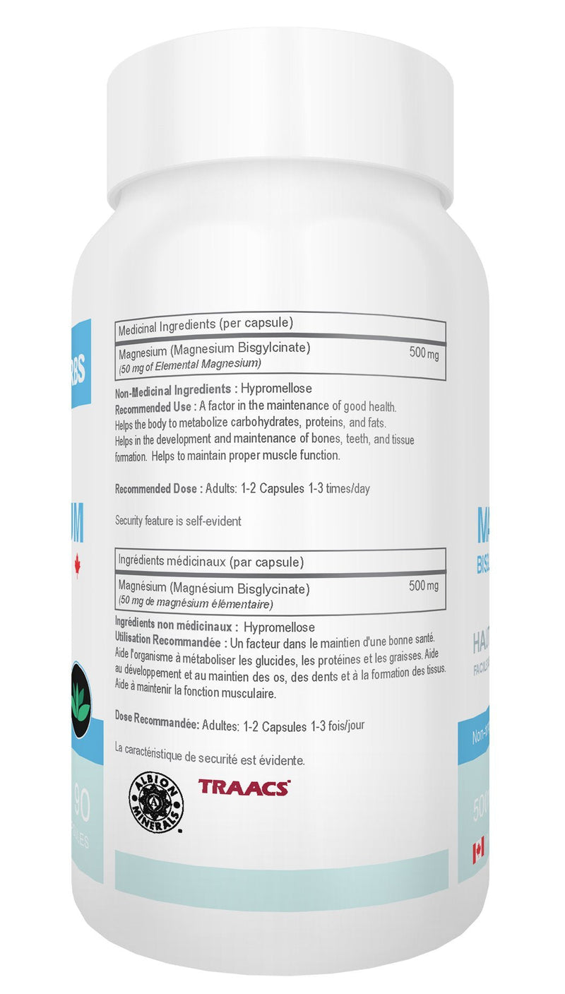 Magnesium Bisglycinate – Highest Absorption – Premium Grade – No Fillers – Non Buffered – 90 Veg Caps – 500mg Magnesium Bisglycinate per Cap (50mg Elemental Magnesium)