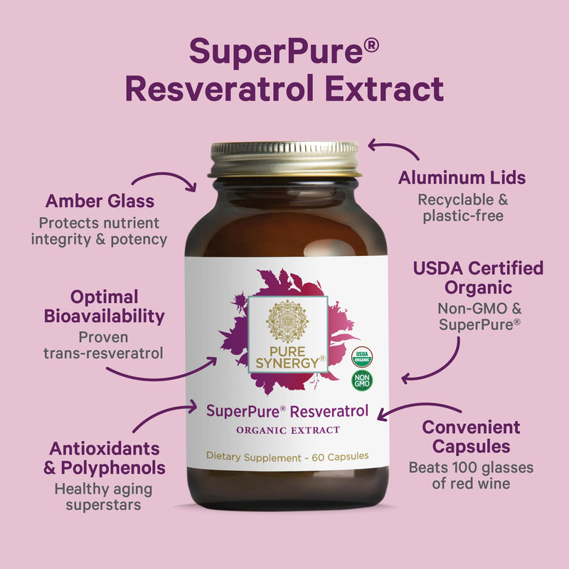 [Australia] - PURE SYNERGY SuperPure Resveratrol Extract | Organic Resveratrol Supplement | Antioxidant Trans-Resveratrol Extract with Grape Polyphenols | for Healthy Aging, Heart, and Skin Health (60 Capsules) 