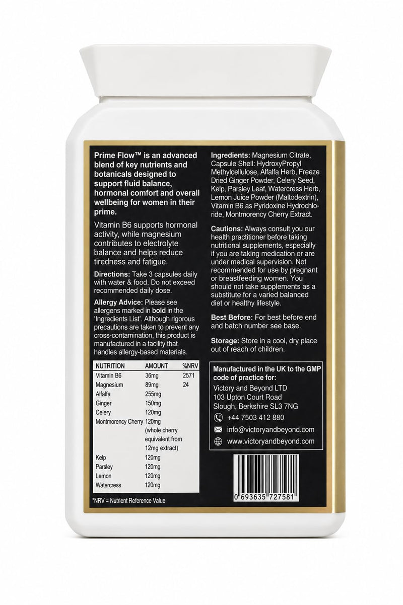 Victory & Beyond Prime Flow Fluid Balance Supplement for Women | Magnesium, Vitamin B6 & Botanical Blend | Women's Wellness & Hormonal Comfort Support | Vegan Food Supplement | 90 Capsules