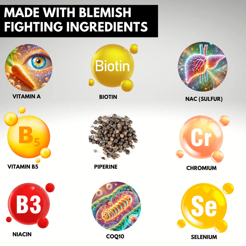 Blemless 30 Day- Clear Skin Supplement Pills Designed to Reduce Oily Breakouts from Spots & Blemishes with Vitamins A, B5, NAC, & Selenium for Women, Men, Teens, & Adults | 60 Natural Capsules