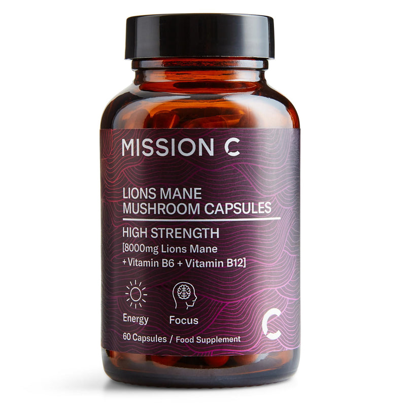 Lions Mane Mushroom Capsules 8,000mg with Added Vitamin B6 and B12 | Nootropic Supplement for Cognition, Mood, Immunity & Inflammation | 60 Two-a-Day Vegan Capsules - Mission C Lion's Mane