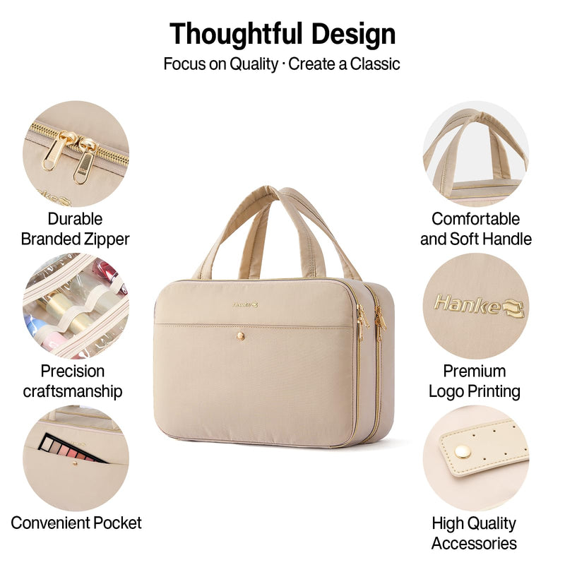 Hanke Hanging Travel Toiletry Bag with Jewelry Organizer, Apricot | Large Capacity, Holds Full-Size Bottles, Water & Stain Resistant, 360° Swivel Hook, Trolley Sleeve, Women's Makeup Organizer