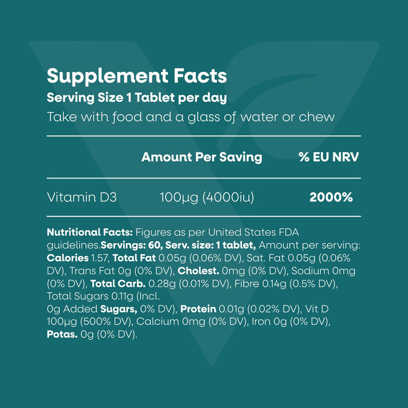 Vegetology Vegan Vitamin D3 High Strength 4000 IU Vitamin D Tablets - Chewable Plant-Based Supplement - Bone, Muscle & Immune Support - 60 Tablets